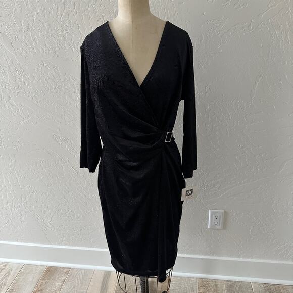 ANNE KLEIN | Long Sleeve Faux Wrap Dress Women's NEW Size 12 Black Shimmer Disco - Picture 12 of 13